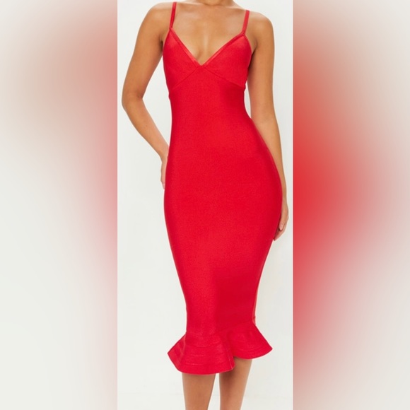 PrettyLittleThing | Dresses | Red Bandage Strappy Frill Hem Midi Dress  Pretty Little Thing | Poshmark